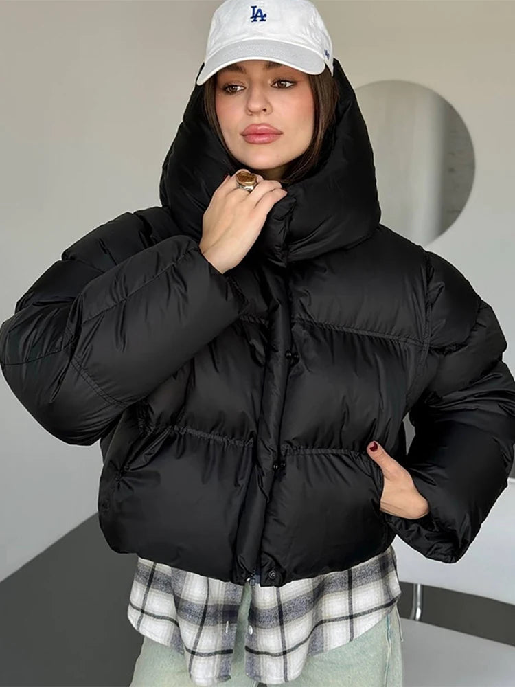 Cropped Quilted Hooded Jacket for Women - Oversized Winter Coat 3