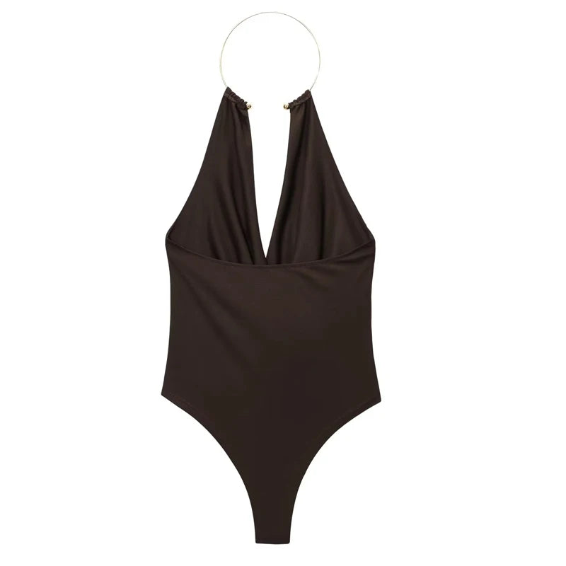 Halter Neck Off Shoulder Brown Bodysuit for Women - Ruched Thong One Piece 2