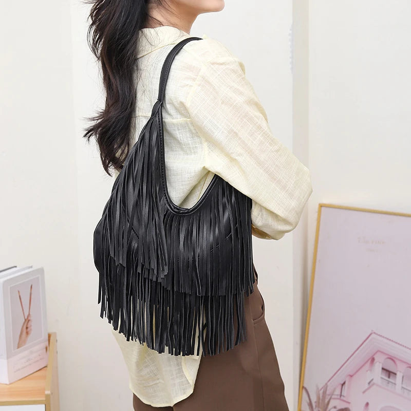 Stylish Long Tassels Shoulder Bag for Women - Soft PU Leather Hobo Tote 2