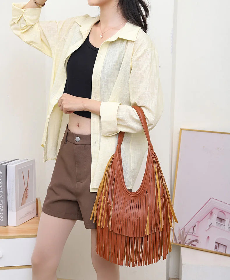 Stylish Long Tassels Shoulder Bag for Women - Soft PU Leather Hobo Tote 4