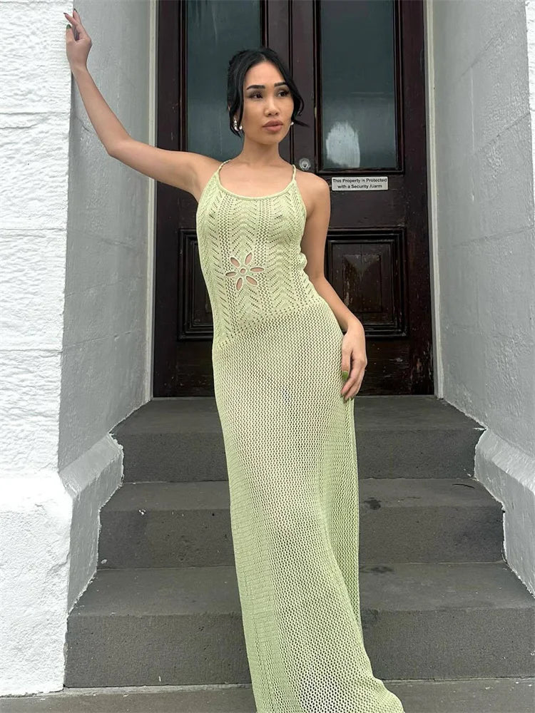 Tossy Women's Summer Maxi Dress - White Hollow Out Backless Knit Bandage Dress for Beach Holidays 3