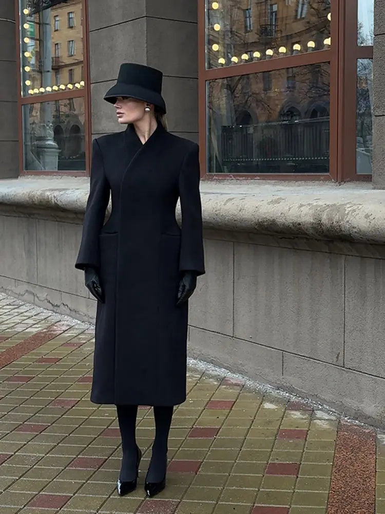 Vintage Classic Black Tweed Long Women's Coat - Elegant Winter Overcoat 2