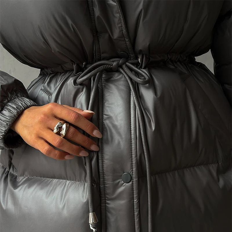 Women's Black Puffer Jacket - Hooded Down Winter Coat with Drawstring Waist 5