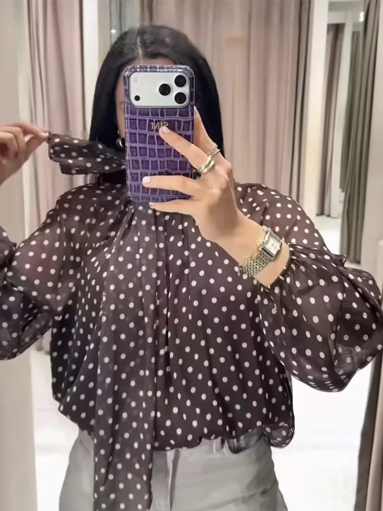 SOERA Sofia High Collar Polka Dot Blouse - Blouse - Brown S