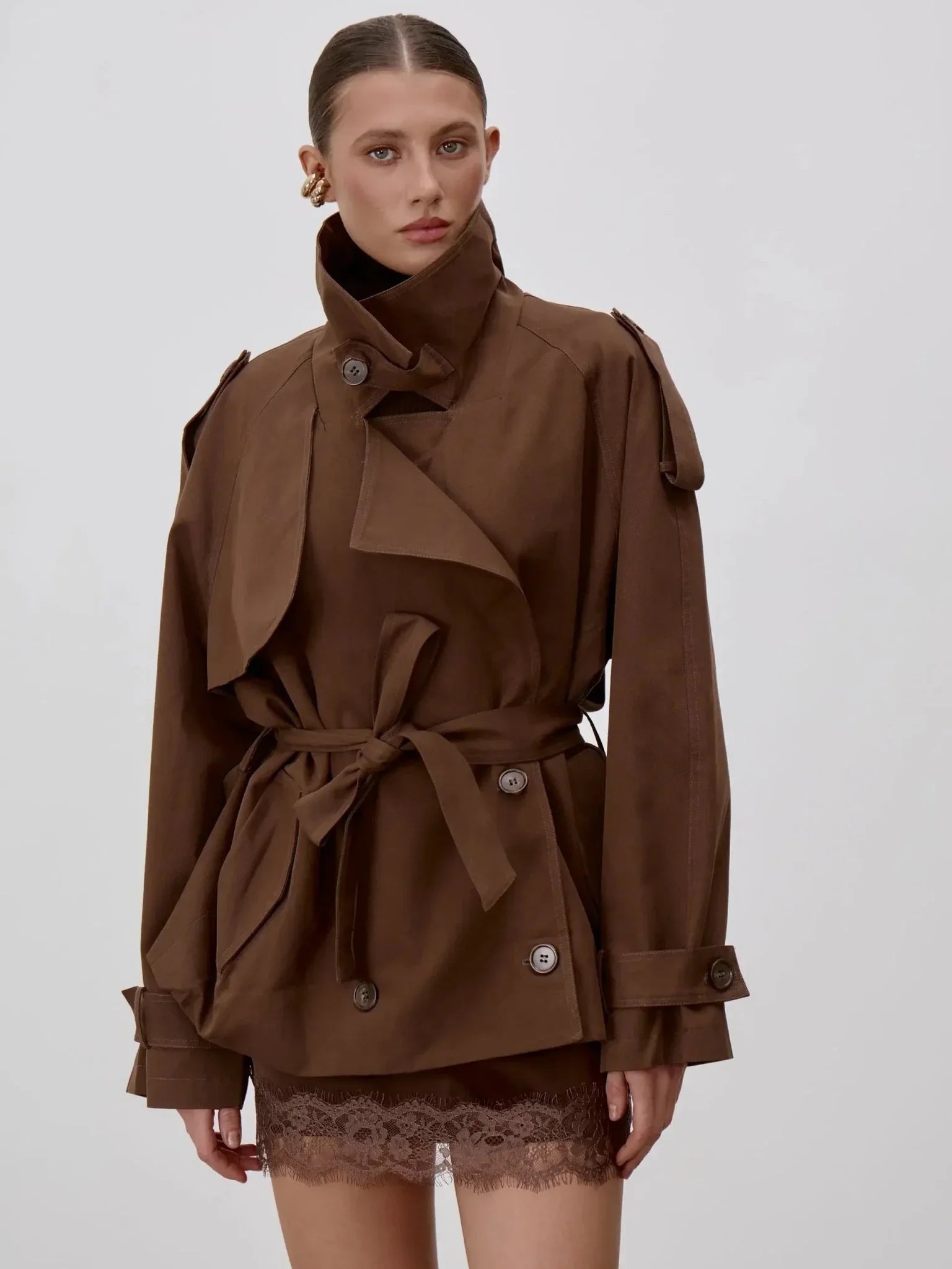 SOERA Octavia Lace-Up Stand Collar Trenchcoat - Coats & Jackets - Beige S