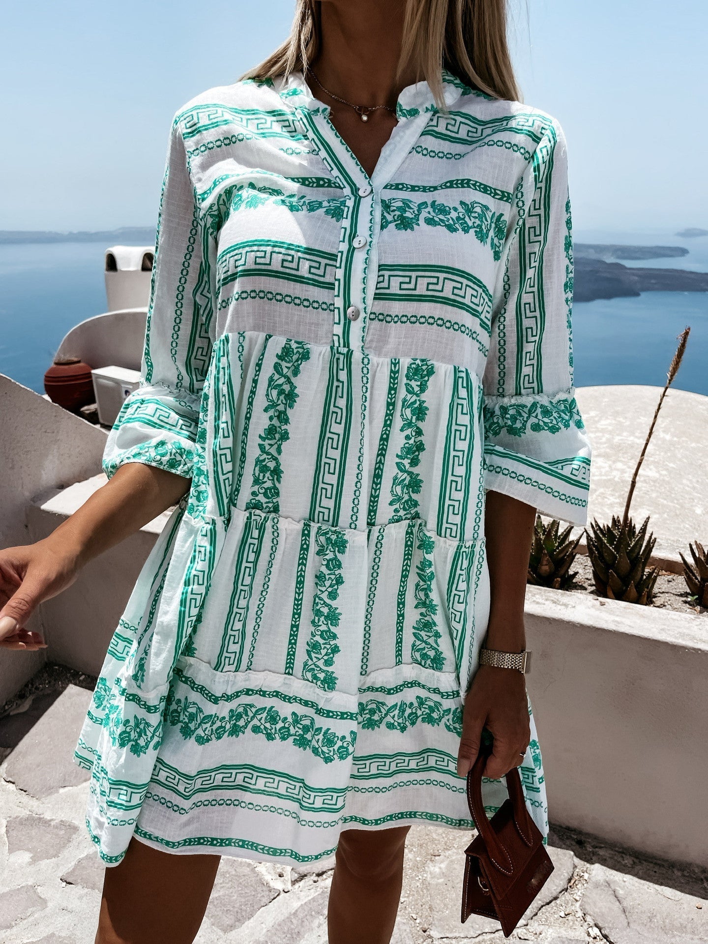 SOERA Beatrice Ruffle Boho Striped Mini Dress - Dress - Green S