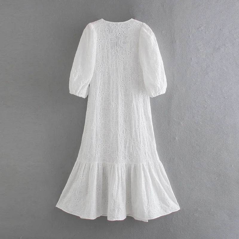 SOERA Beatrice V - Neck Embroidered Maxi Dress - Dress - White XS