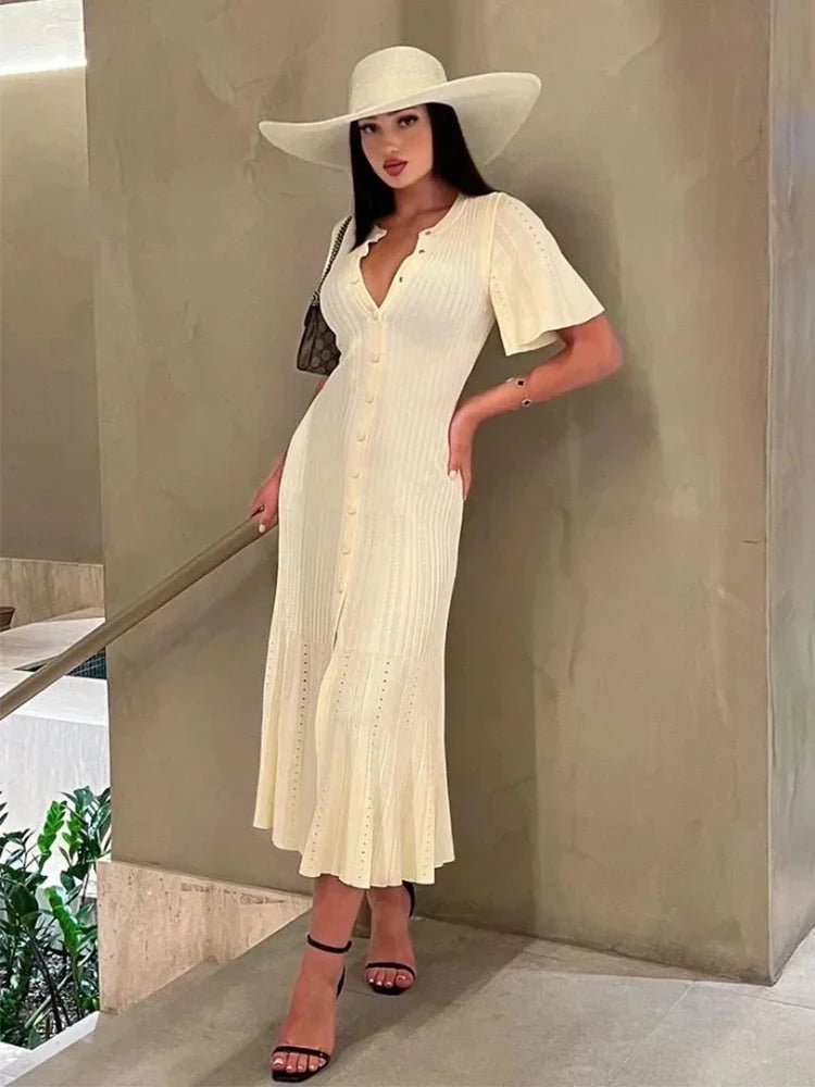 SOERA Bianca Bell Sleeve Pleated Knit Midi Dress - Dress - Beige M