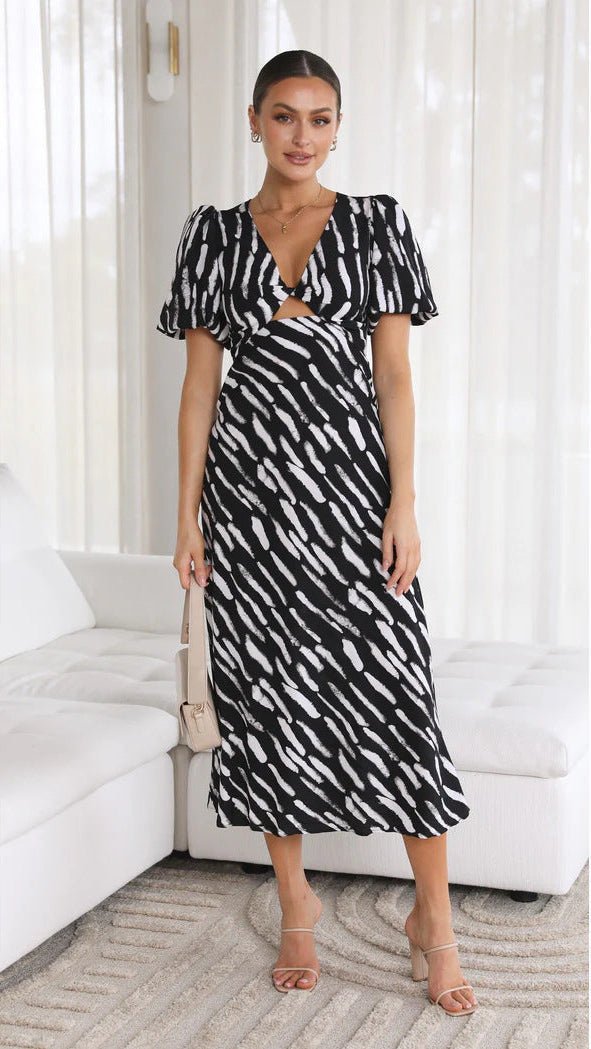 SOERA Brooke Printed V - Neck A - Line Midi Dress - Dress - Black X