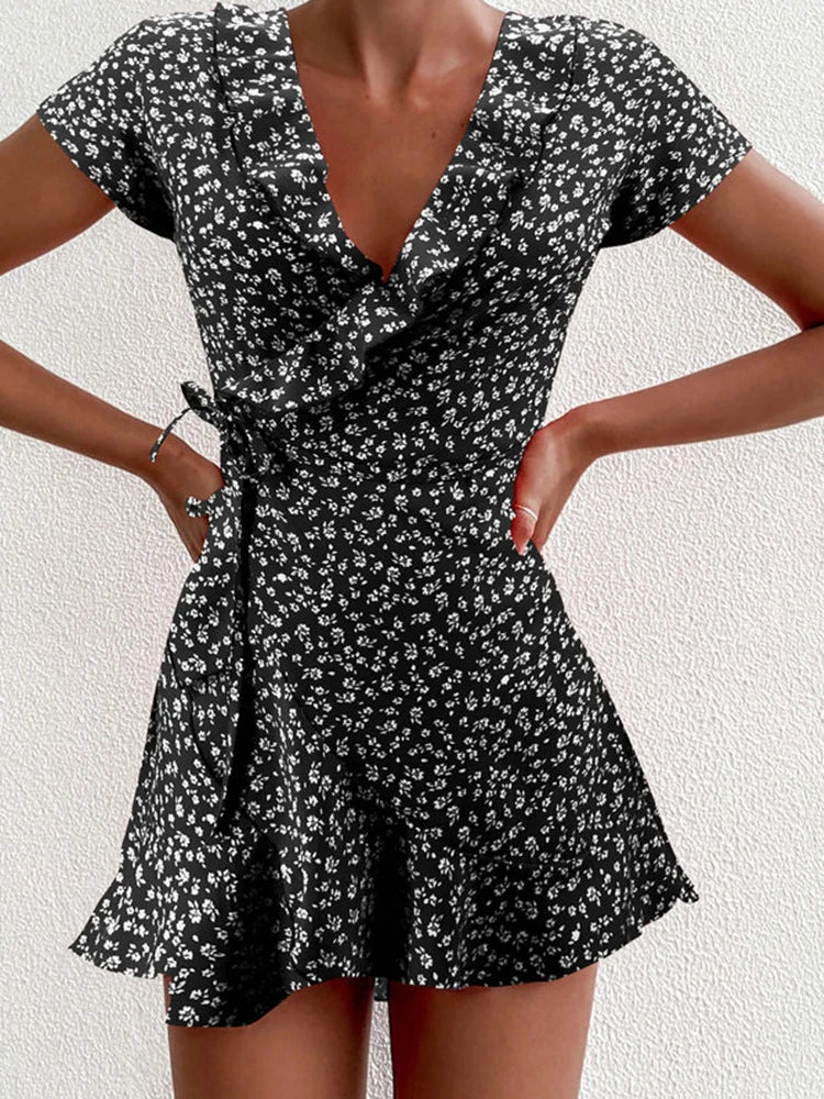 SOERA Celeste Floral V - Neck A - Line Mini Dress - Dress - Black L