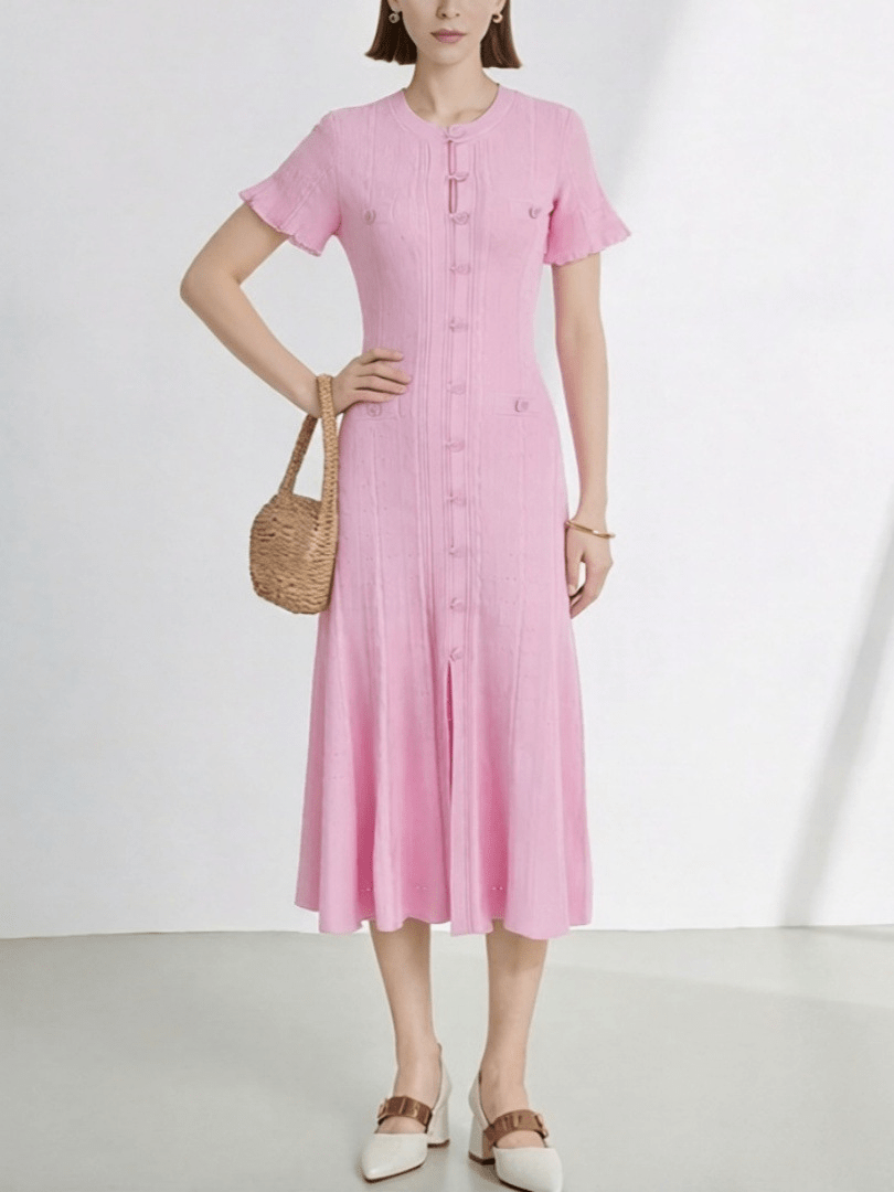 SOERA Hannelore French V - Neck Knitted Slit Dress - Dress - Pink XS