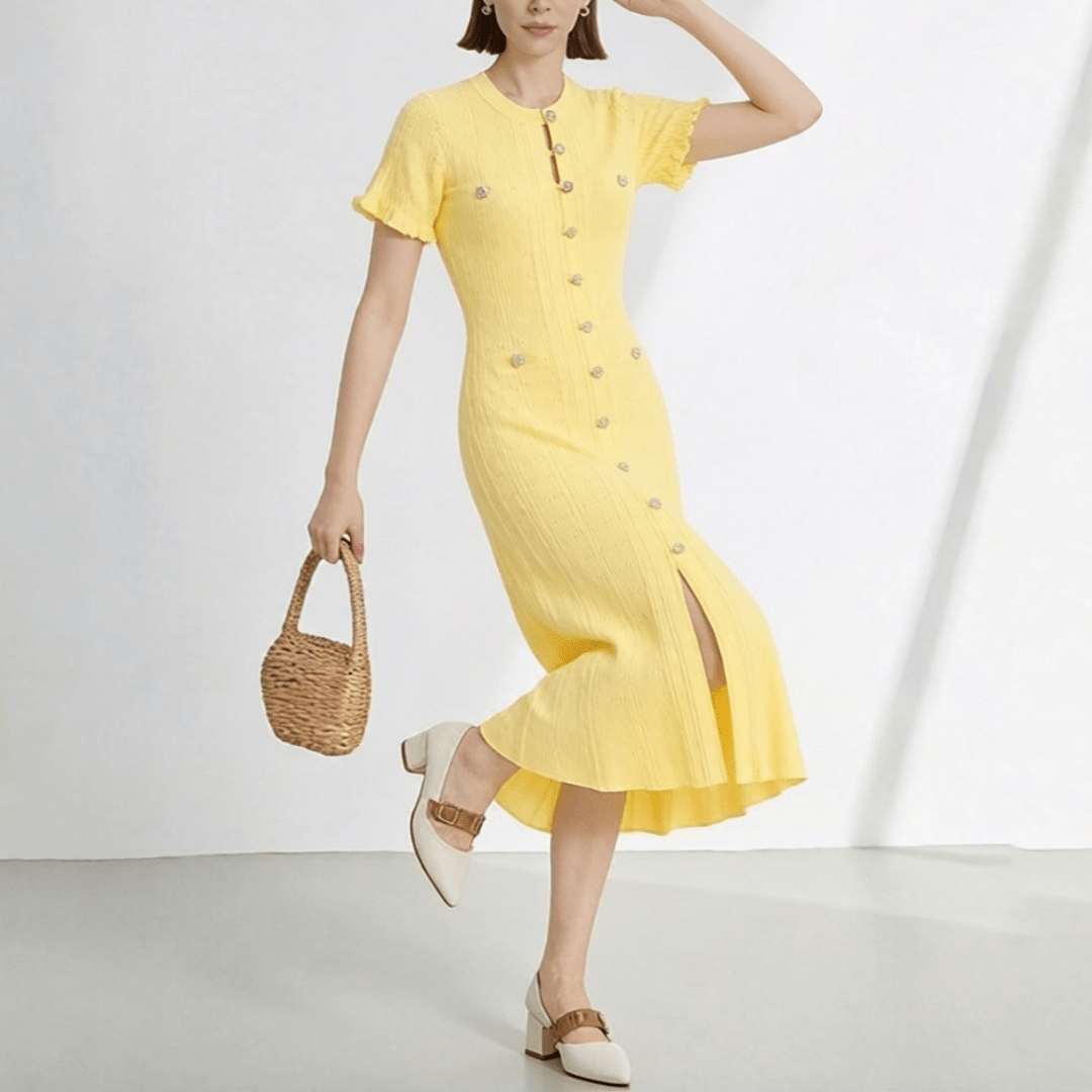 SOERA Hannelore French V - Neck Knitted Slit Dress - Dress - Yellow XS