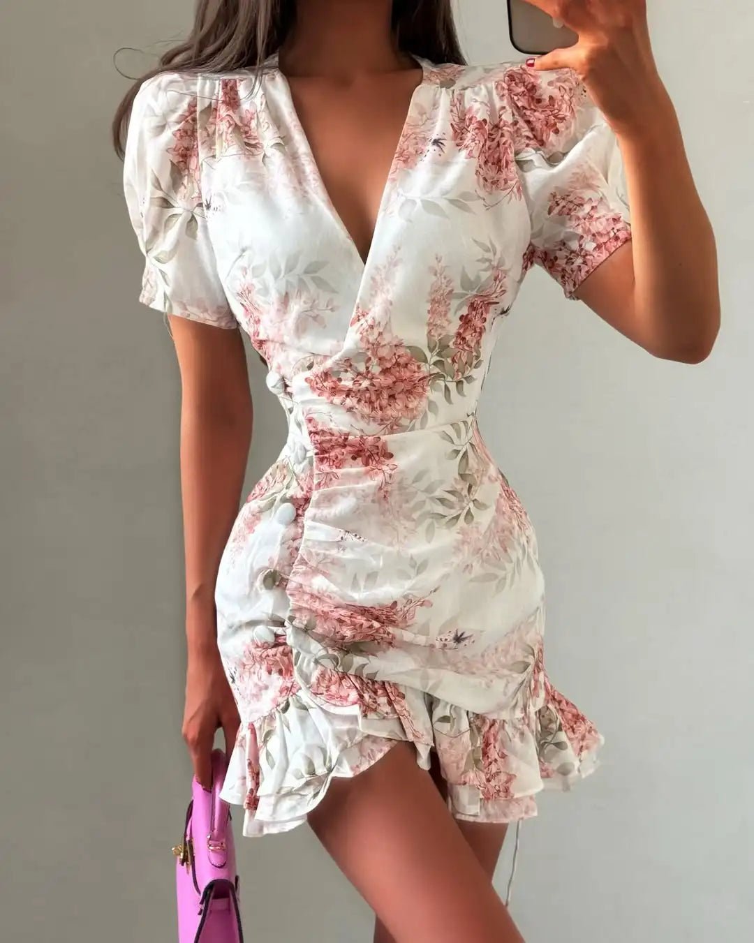 SOERA Beatrice Floral V-Neck Mini Dress - Dresses - Pink S