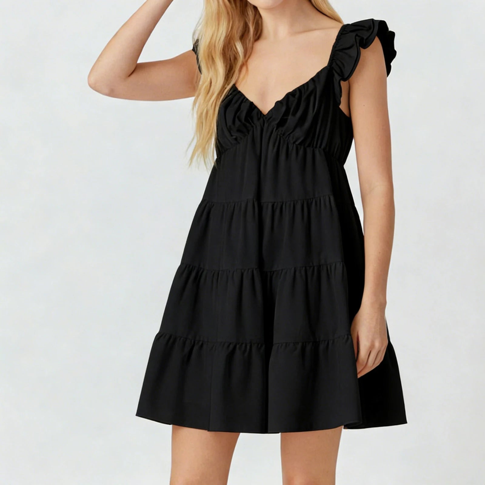 SOERA Eulalia Flutter Sleeve Tiered Mini Dress - Dresses - Black S