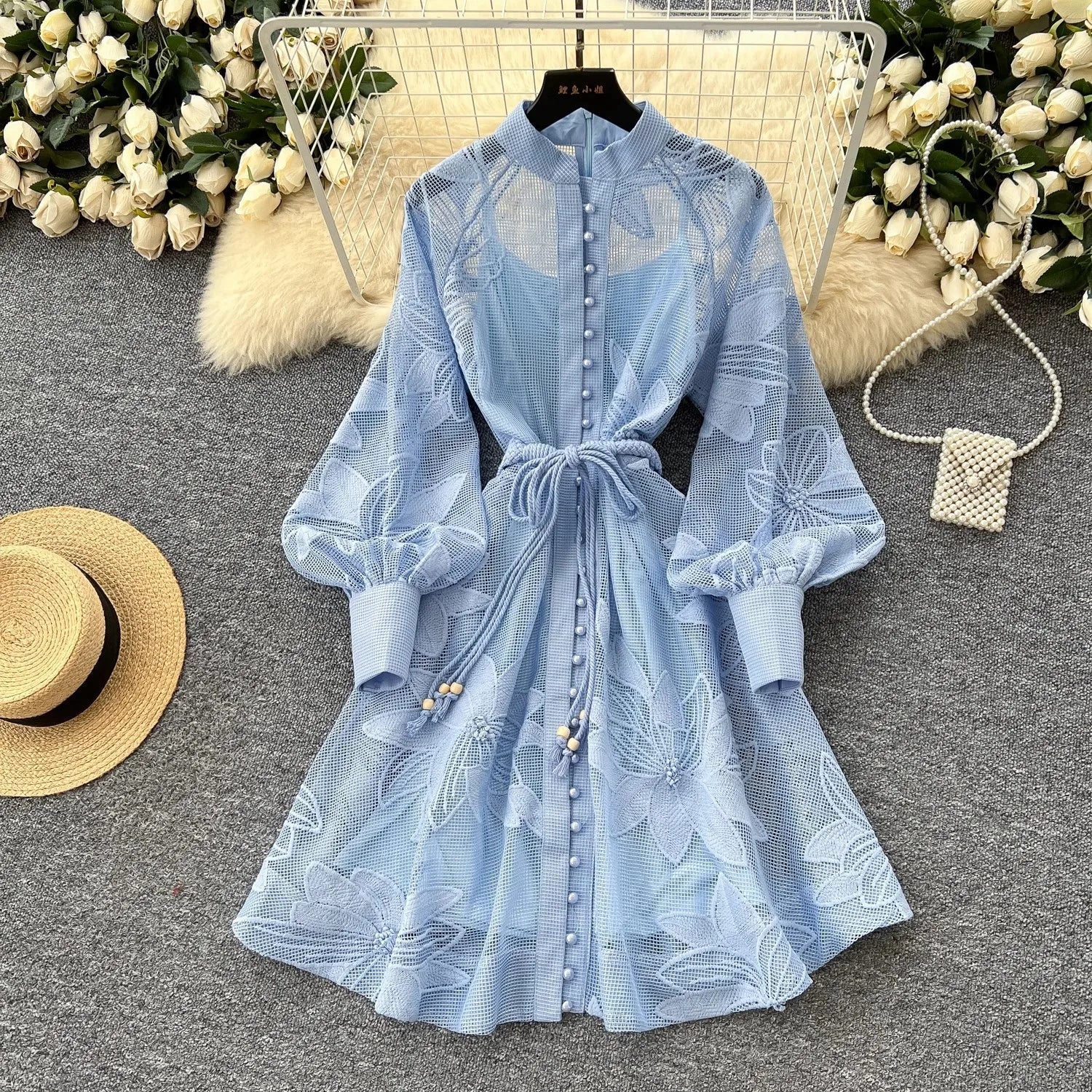 SOERA Hedy Embroidered Lace Belted Dress - Dresses - Blue S