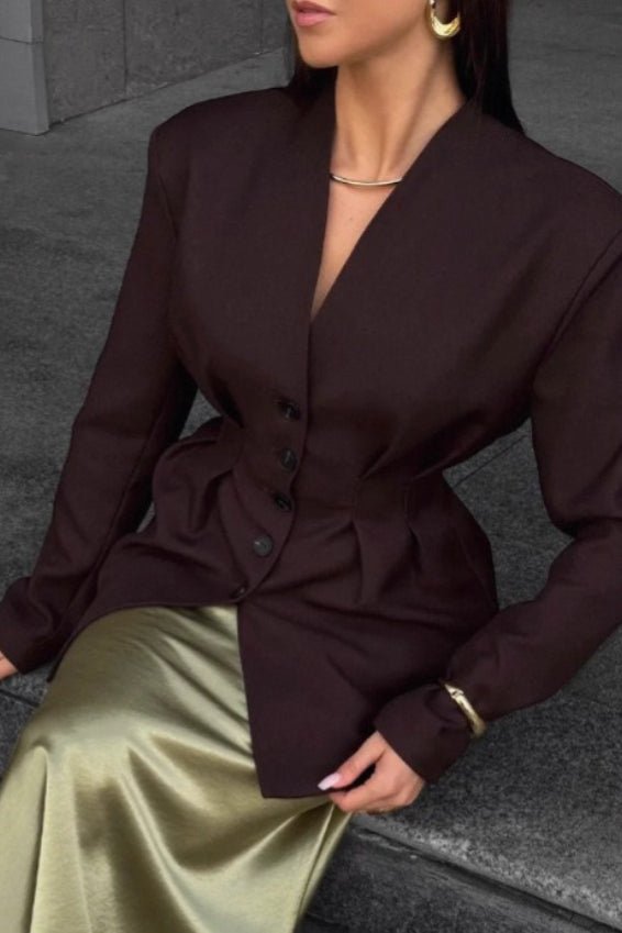 SOERA Daniela Cinched Collarless Blazer - Jackets - CI1770276357225694522 Brown L