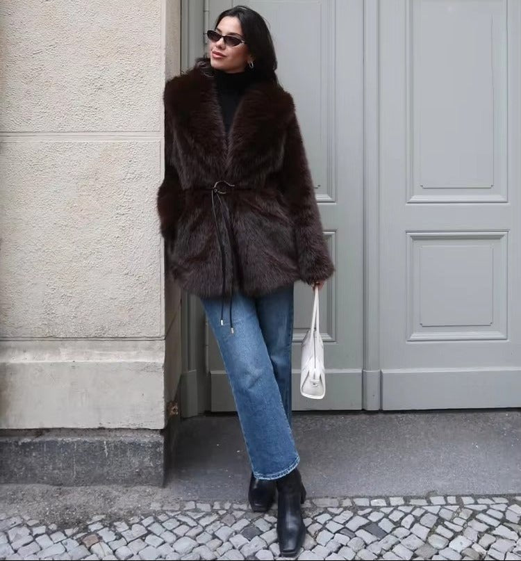 SOERA Faith Faux Fur Coat with Belt - Jackets - 3256807954805802-;hY1763625122209170948 Dark Brown S