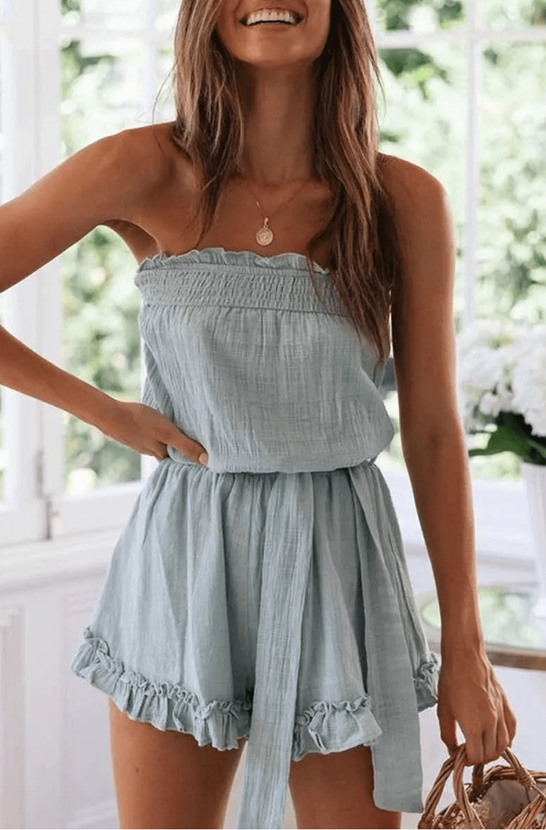SOERA Beatrice Belted Tube Top Jumpsuit - Jumpsuit - Light Blue XS