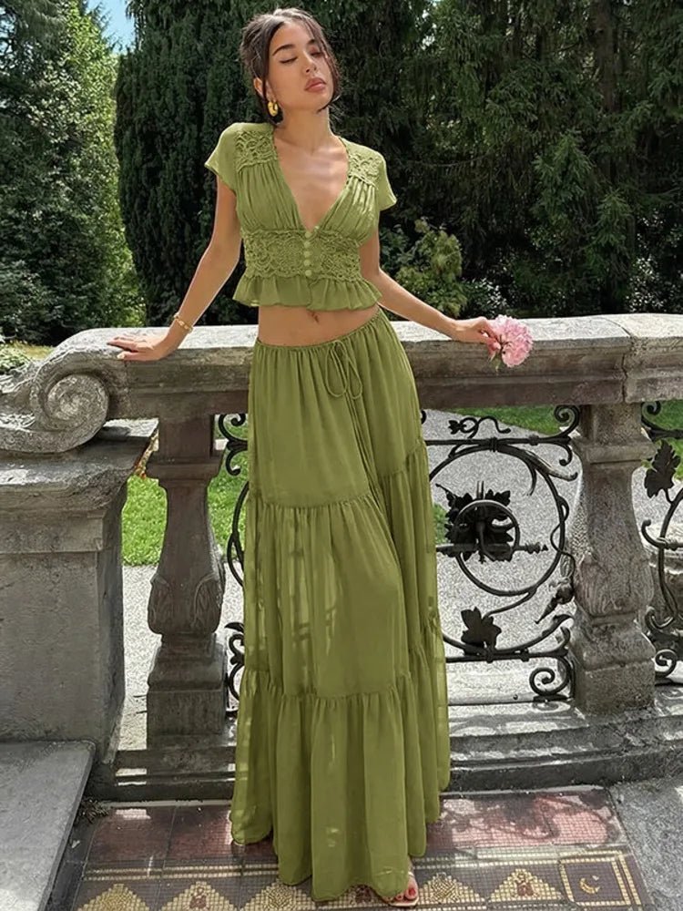 SOERA Morrigan Lace Chiffon Top & Skirt Set - Matching Sets - Green XS
