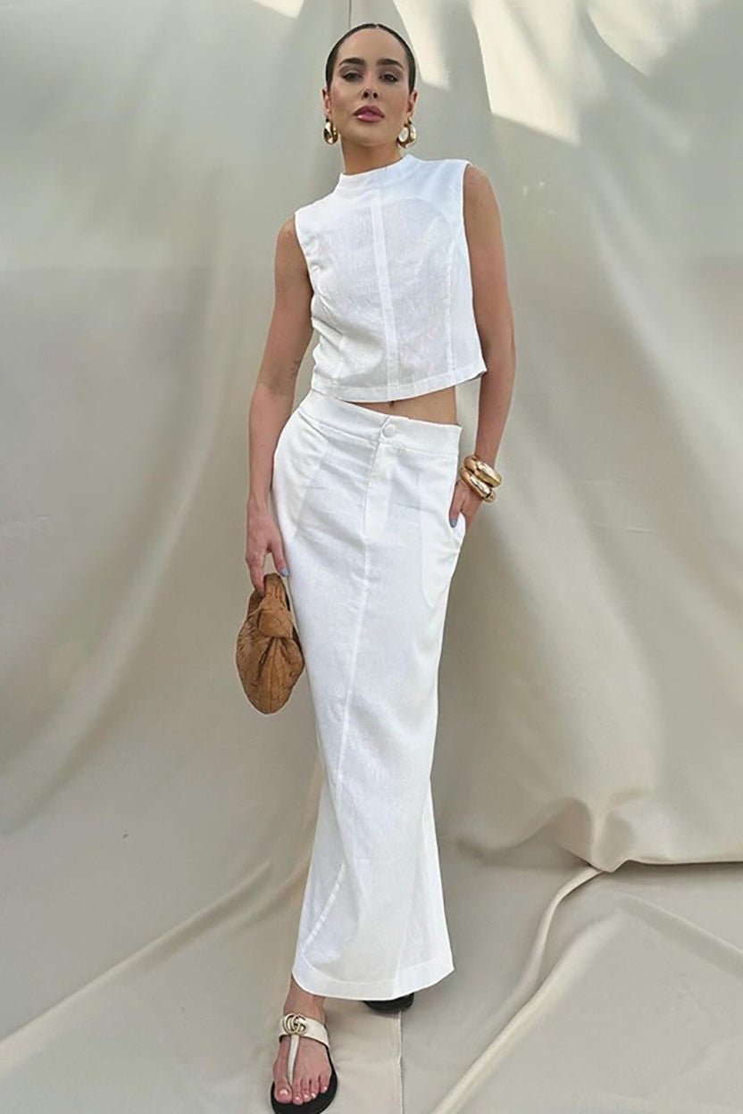 SOERA Nala Linen Cotton Sleeveless Slit Set - Matching Sets - White S