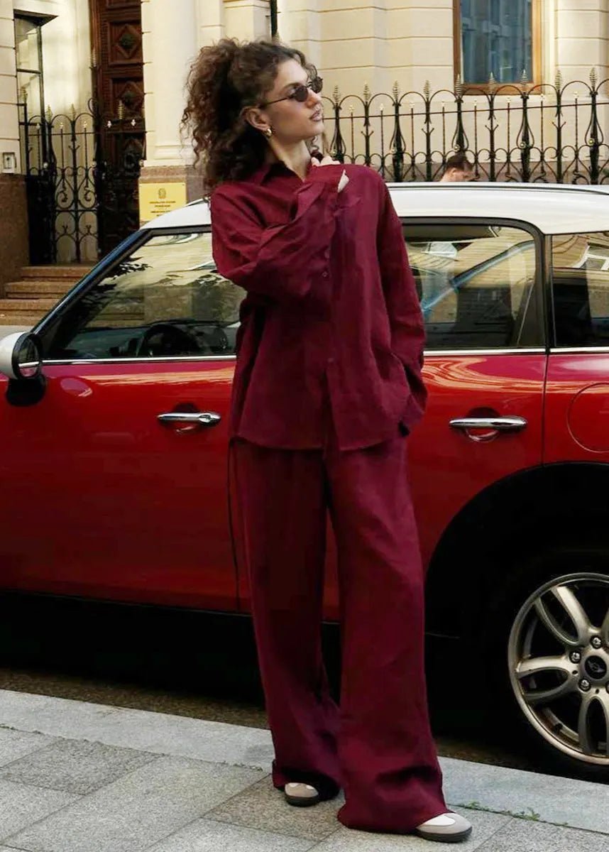 SOERA Bianca Relaxed Cotton Shirt & Wide-Leg Pants Set - Pants - Burgundy L