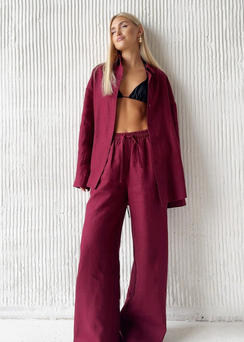 SOERA Bianca Relaxed Cotton Shirt & Wide - Leg Pants Set - Pants - Burgundy L