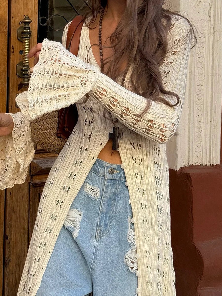 SOERA Lyra Hollow Out Knit Cardigan Dress - Sweaters & Cardigans - Beige S