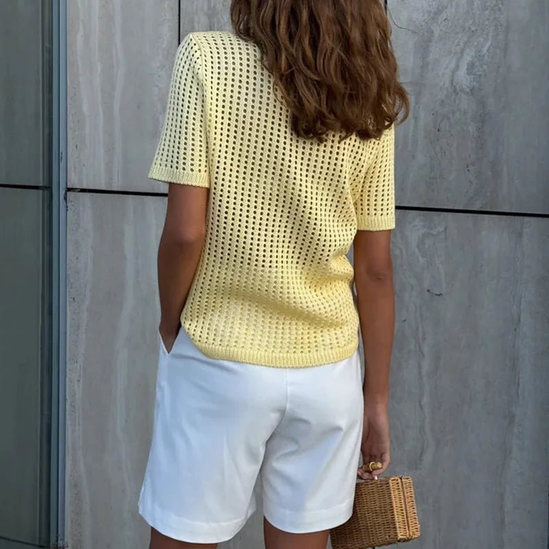 SOERA Andrea Hollow Out Knit Polo Blouse - Tops - xg1774532669748988048 Yellow M