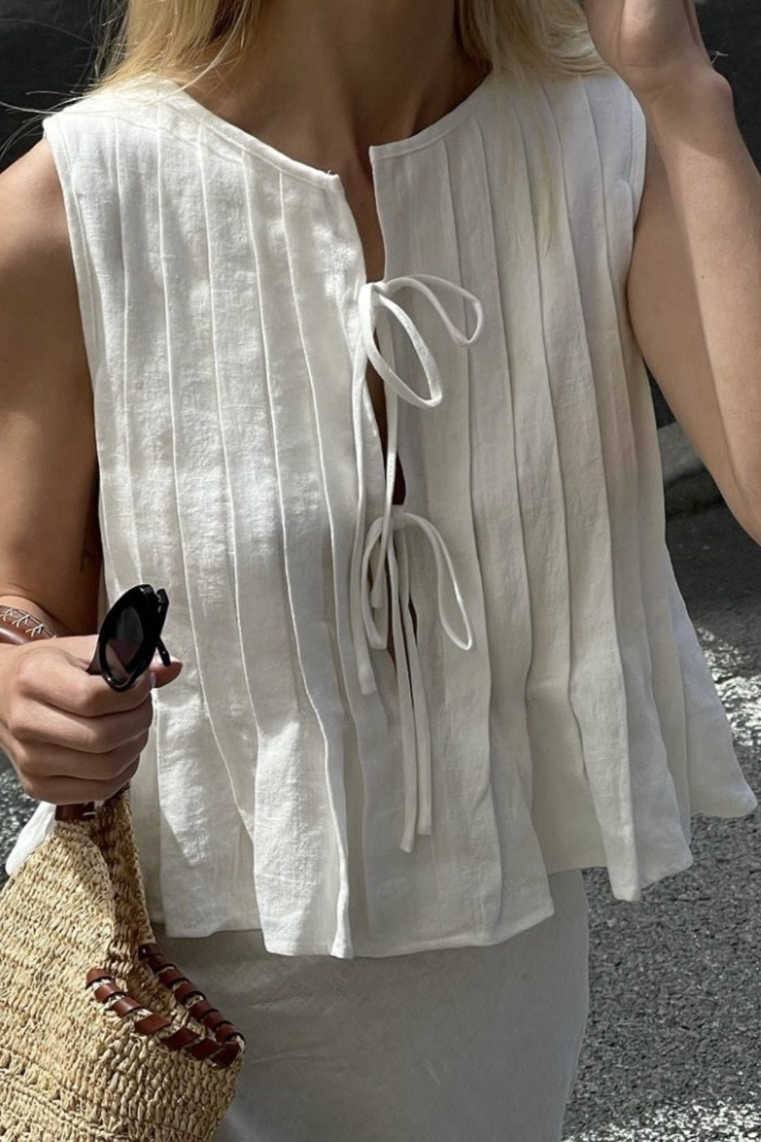 SOERA Juvy Tie Front Pleated Linen Tank Top - Tops - sG1776026011573705365 White S