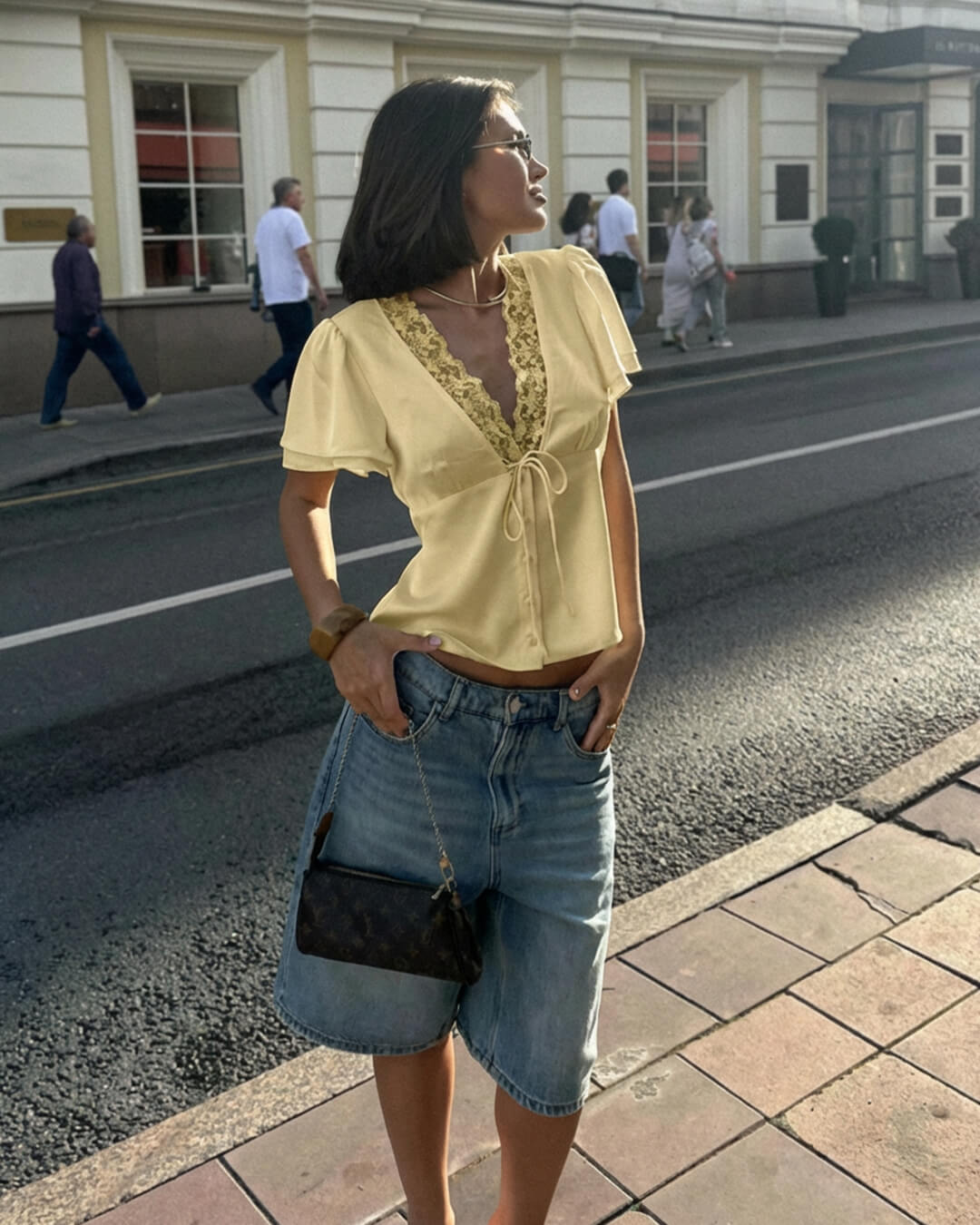 SOERA Rosette Lace Short Sleeve V - Neck Top - Tops - Light Yellow M