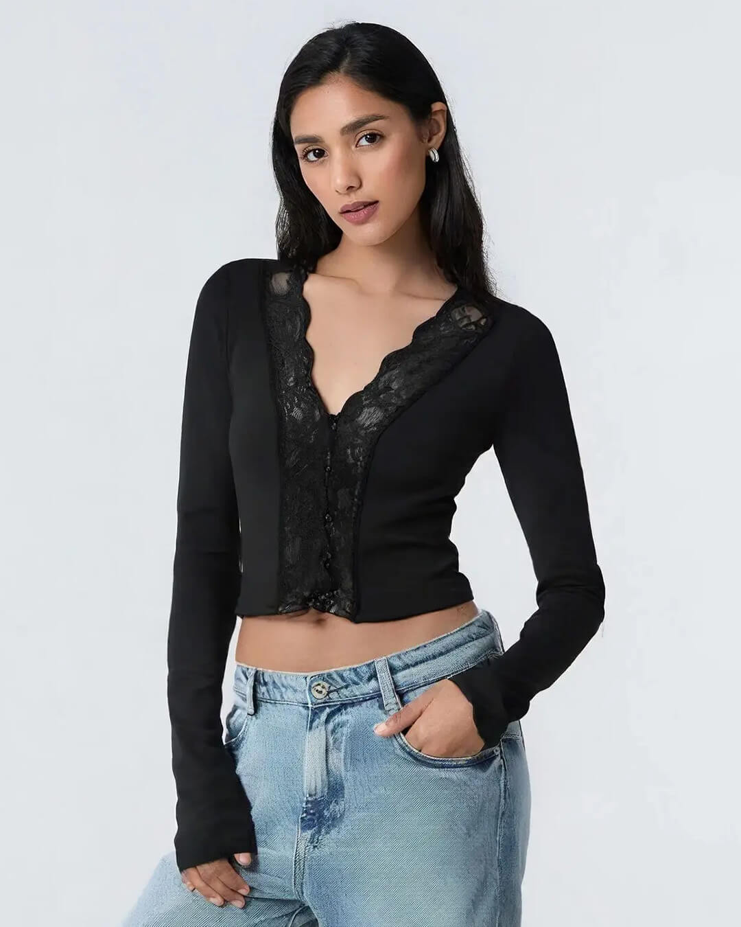 SOERA Victoria Long Sleeve Lace Trim Blouse - Tops - Black S