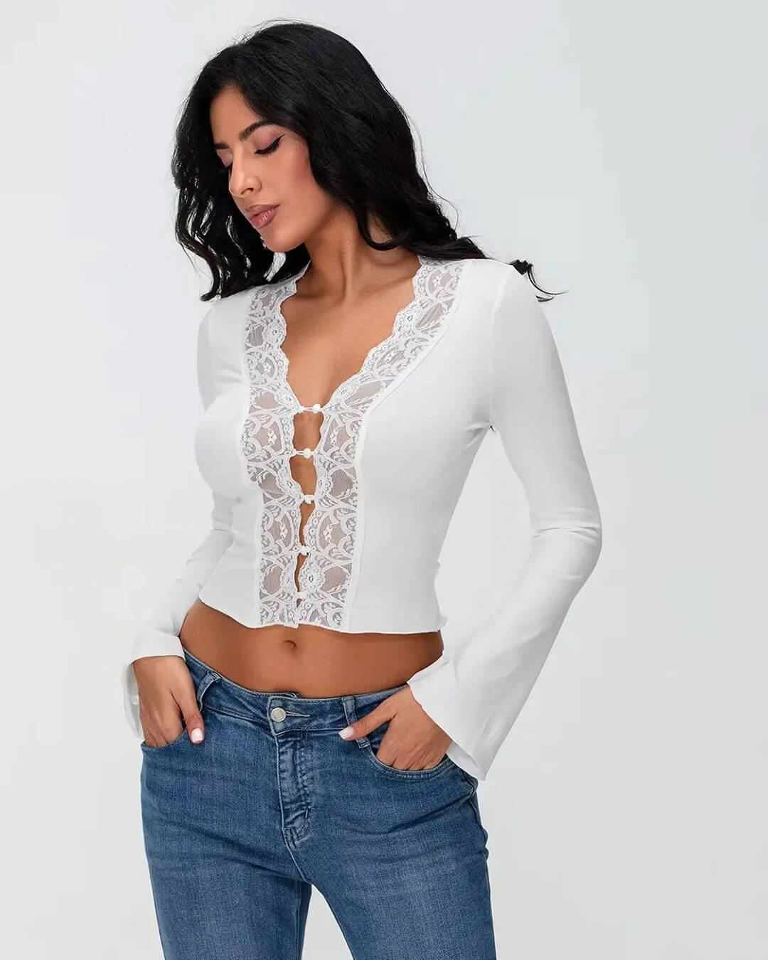 SOERA Victoria Long Sleeve Lace Trim Blouse - Tops - White S