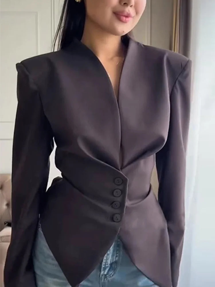Chic Pleated Waist Cinched Women's Jacket Blazer Coat - V Neck Casual Slim Fit Women's Coats 0