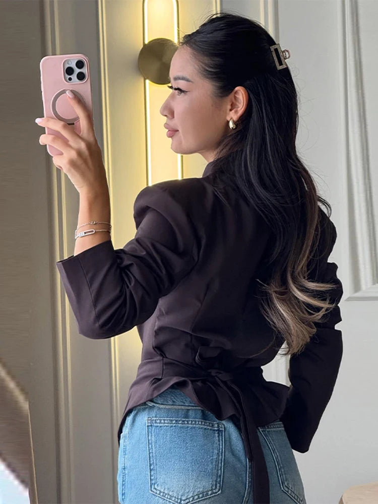 Chic Pleated Waist Cinched Women's Jacket Blazer Coat - V Neck Casual Slim Fit Women's Coats 2