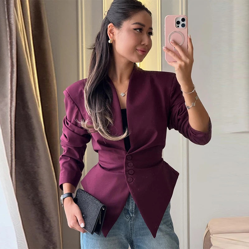 Chic Pleated Waist Cinched Women's Jacket Blazer Coat - V Neck Casual Slim Fit Women's Coats 3