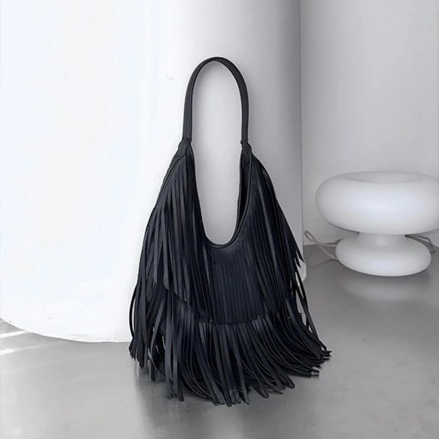 Stylish Long Tassels Shoulder Bag for Women - Soft PU Leather Hobo Tote 0