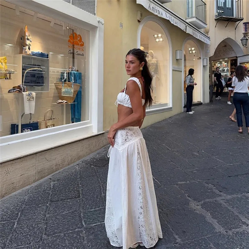 Suninheart Women's White Lace Maxi Dress Set - Vintage Square Neck Cropped Top & Skirt for Summer Beachwear 1