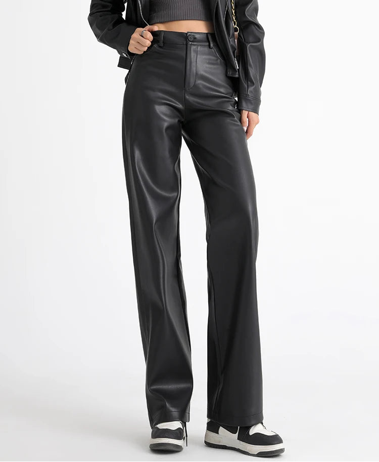 Women's High Waist Fleece Lined PU Leather Wide Leg Pants - Stylish Comfort 6