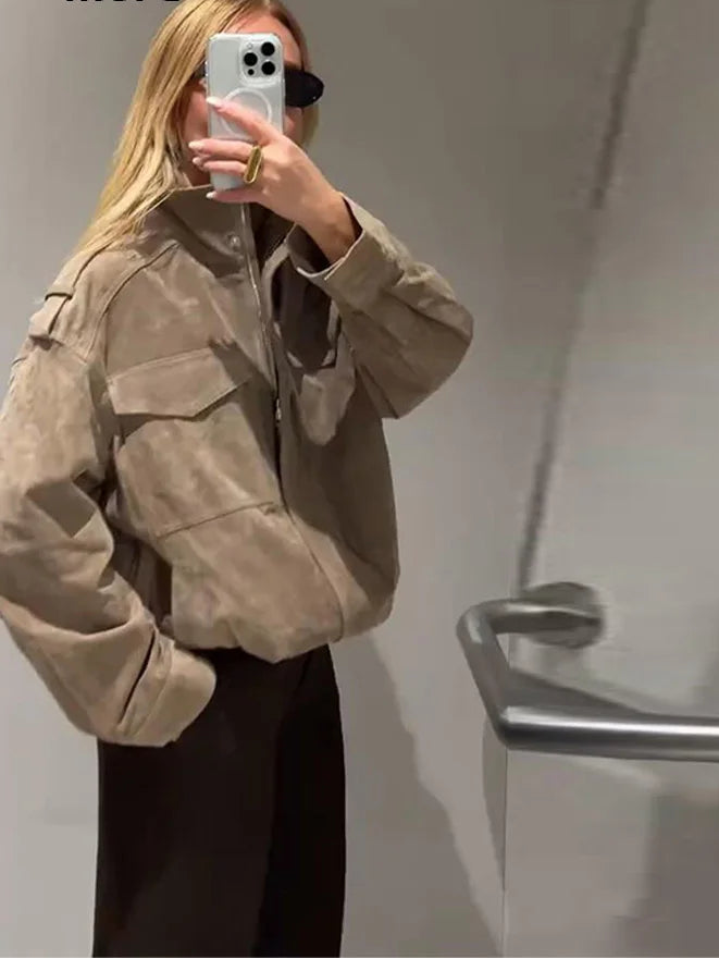 Women's Khaki Suede Jacket - Vintage Loose Coat with Zipper, Lapel Collar & Pockets for Spring Autumn Fashion 1