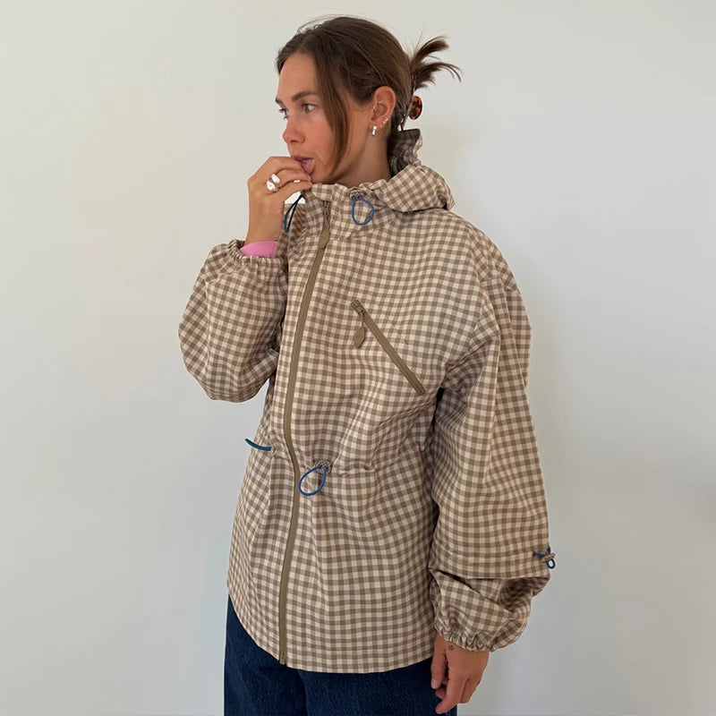 Women's Plaid Hooded Jacket - Casual Long Sleeve Zipper Coat with Drawstring Waist for Daily Wear 7