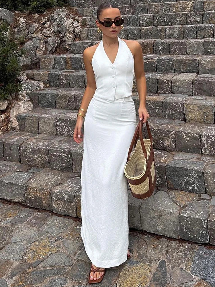 Women's White Summer Dress Two-Piece Set - Stylish Hanging Neck Vest & Slim Long Skirt for Casual Fashion 0