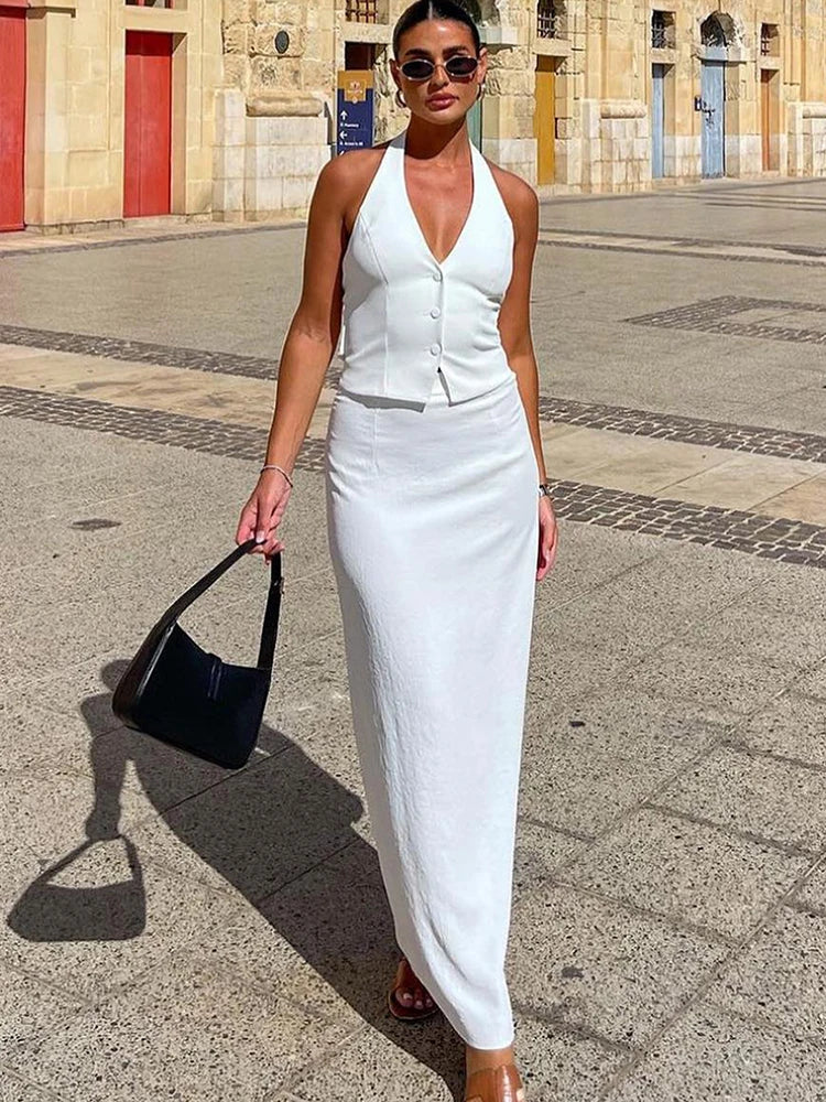Women's White Summer Dress Two-Piece Set - Stylish Hanging Neck Vest & Slim Long Skirt for Casual Fashion 3