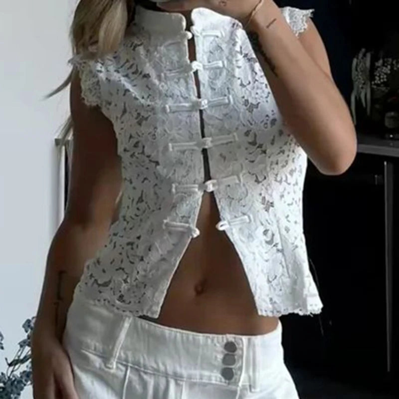 Womens Floral Lace Mandarin Collar Crop Top - Sexy Front Hollow Out Summer Sleeveless Shirt 3