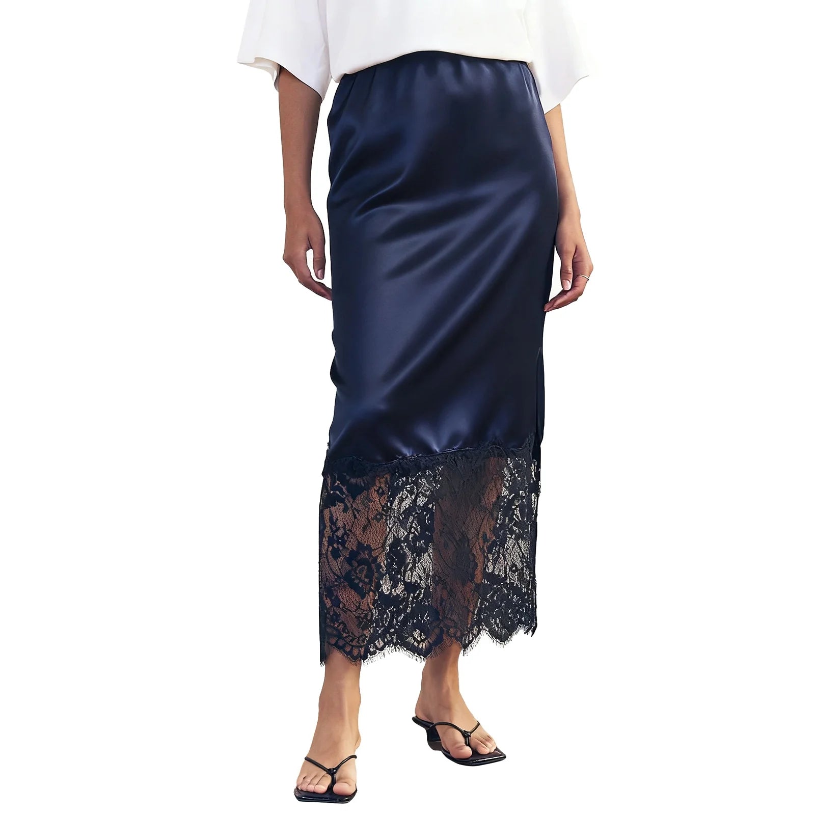 Cheska Lace Hem Satin Long Skirt with Slit