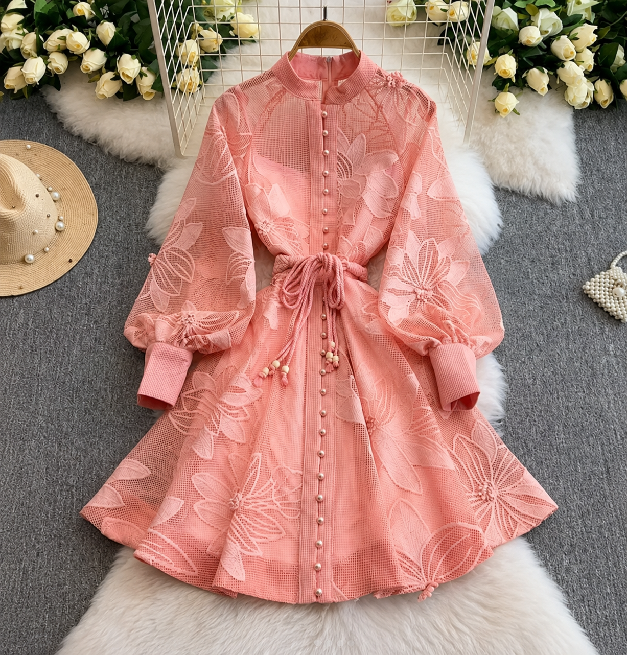 Hedy Embroidered Lace Belted Dress