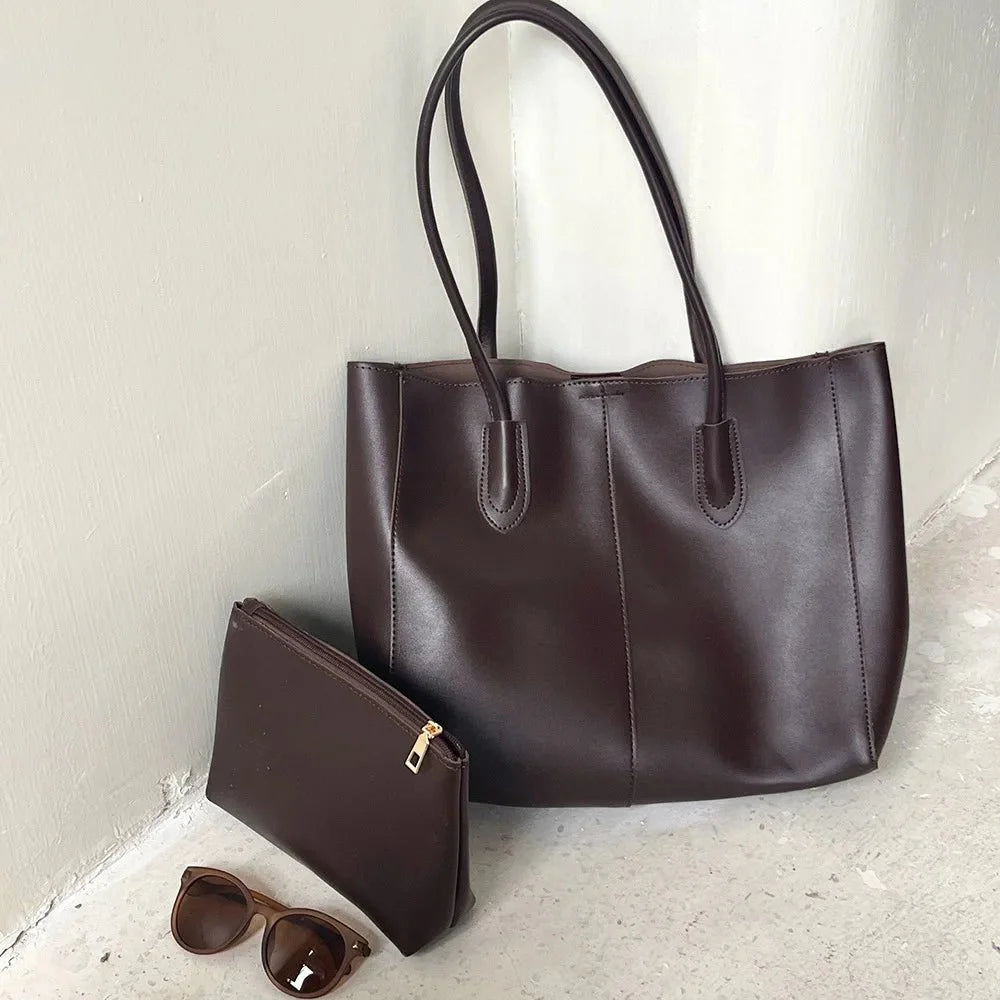SEAME - Camille Leather Tote Bag - High - Capacity Fashion Handbag for Women Dark Brown