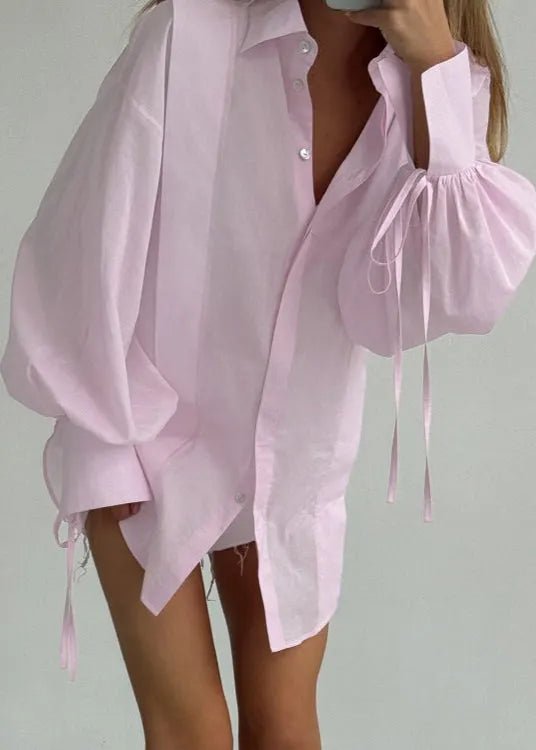 SOERA Isabella Oversized Ribbon - Tie Puff Sleeve Shirt - Blouse -  Pink M