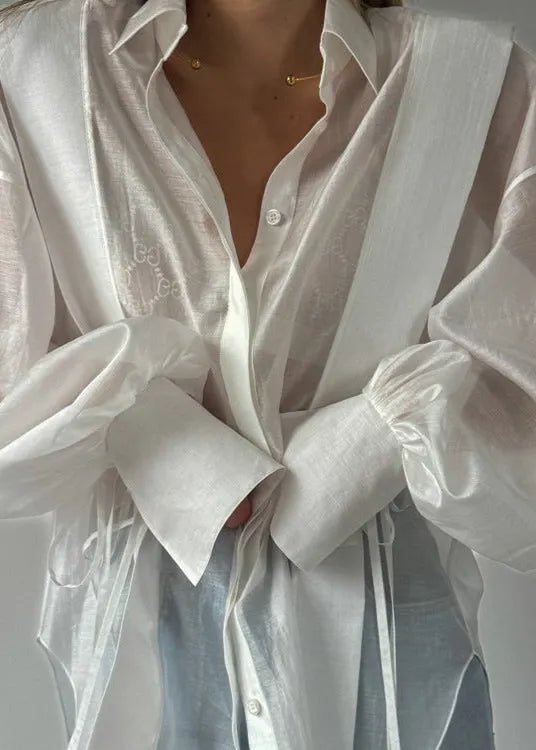 SOERA Isabella Oversized Ribbon - Tie Puff Sleeve Shirt - Blouse -  White M