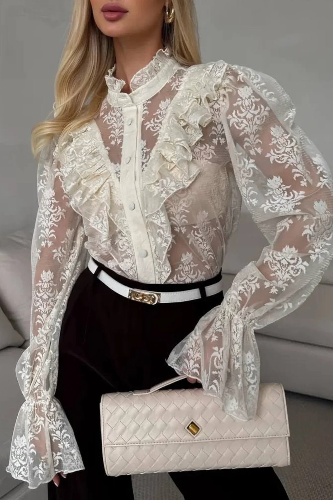 SOERA Miriam Ruffle Lace Sheer Blouse - Blouse - SOERA-381763-BEI-L-25155 Beige L