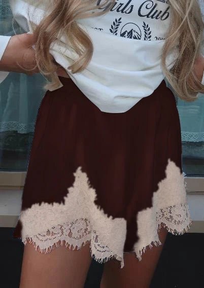 SOERA Dominique Satin Silk Lace Shorts - Bottoms - 1005009725980107-;rX1768905117484463365 Dark Brown white lace S